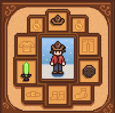 Haunted Chocolatier equipment UI — character portrait surrounded by 8 gear slots including hat, sword, boots, and accessories