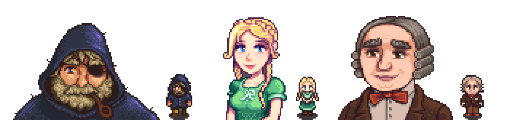 Three Haunted Chocolatier NPC portraits — a hooded bearded man, a blonde woman in a green dress, and a gray-haired gentleman in a bowtie