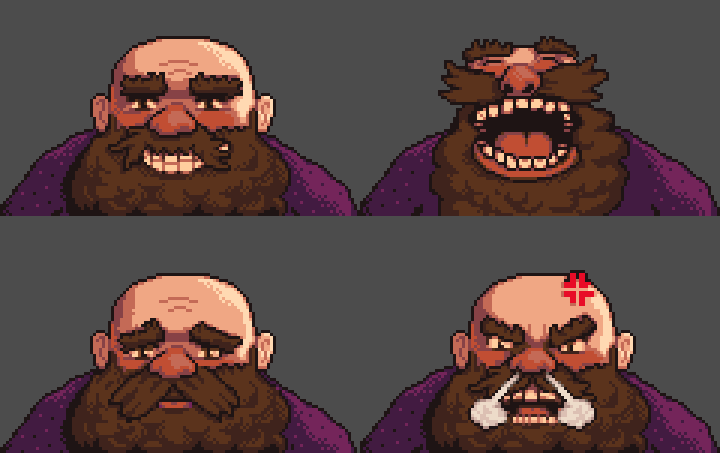 Haunted Chocolatier NPC expression sprite sheet — Burk displaying four facial expressions