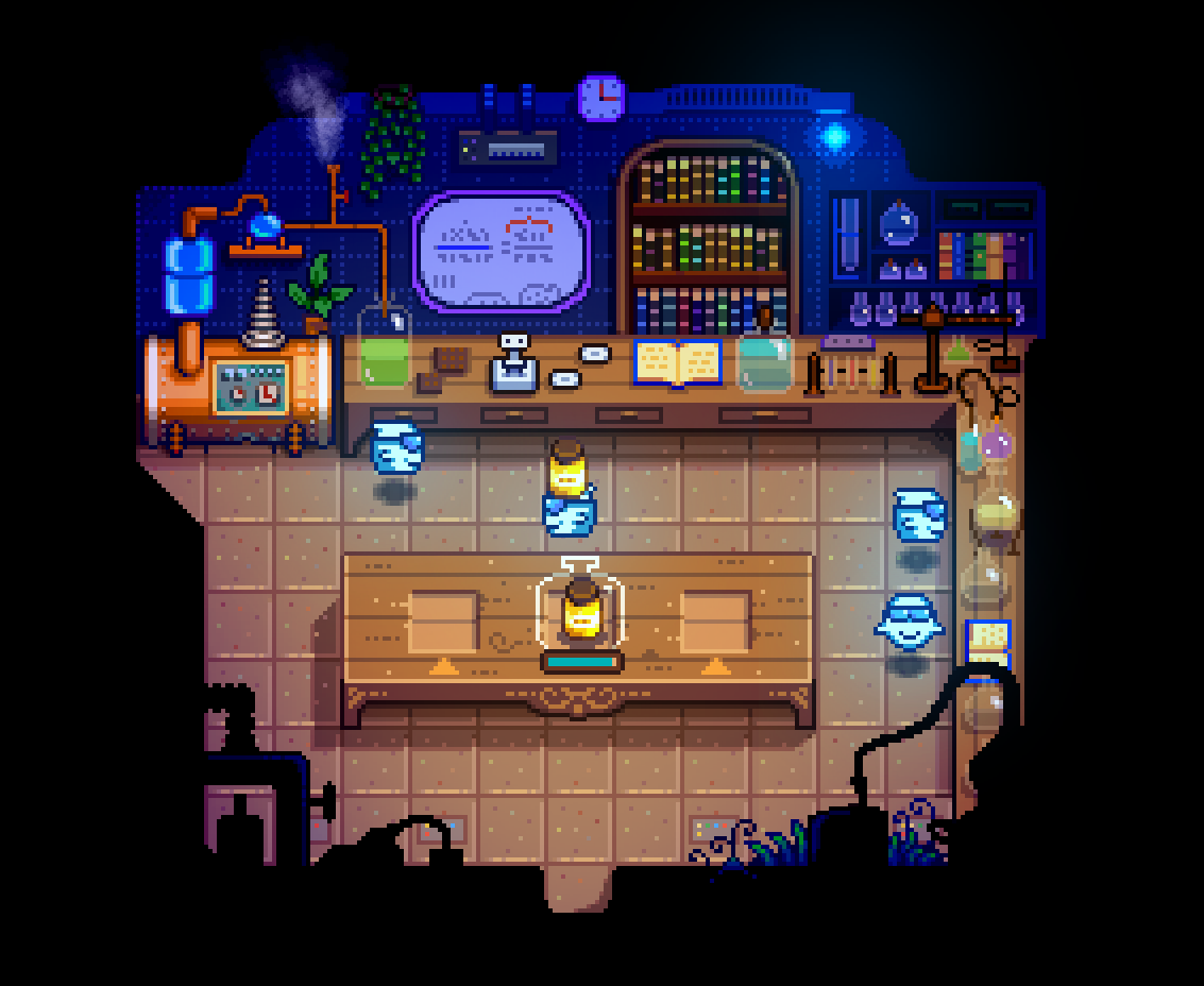 Haunted Chocolatier chocolate laboratory and kitchen — ConcernedApe's 2025 'Intuitive chocolate making' dev blog screenshot